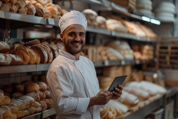 A cheerful male baker in a chef's hat holds a digital tablet in the midst of a well-stocked bakery