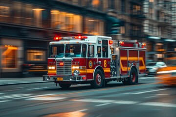 Red fire truck in motion with distinct blur against a city background, displaying speed and urgency