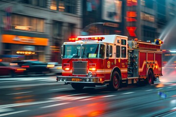 Dynamic image of a fire truck racing through the city streets on an emergency call at sunset