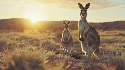 a kangaroo and its joey in the Australian outback during sunset - Powered by Adobe