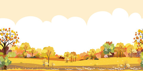 Autumn landscape with forest tree background,Seamless Pattern Fall Season Mountain,Meadow,Orange Foliage,Cloud,Yellow Sunset Sky,Nature morning sunrise grass field,maple tree,farm land in country