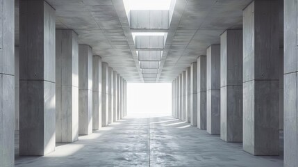 modern concrete room with rows of pillars and sky opening industrial interior background
