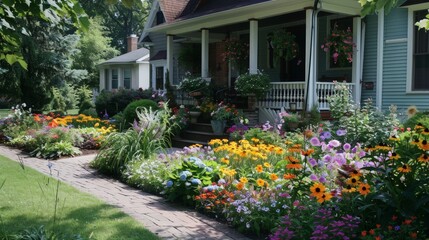 Naklejka premium A beautifully landscaped front yard with a welcoming pathway, vibrant flowers, and a charming front porch.