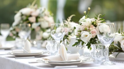 A beautifully set wedding banquet table, adorned with white linens, elegant floral arrangements, and fine china, ready for a grand celebration.