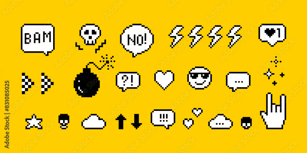 Poster set of pixel art speech bubbles and icons. explosion bomb effect. scull. cloud. star. retro game sty