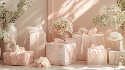 Elegant Pastel Gifts and White Floral Arrangements on Pink Background with Sunlight Shadows