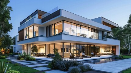 Fototapeta premium modern house with large window facade contemporary residential architecture 3d rendering