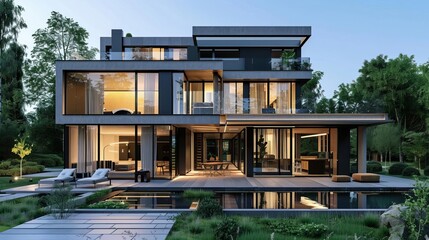 Fototapeta premium modern house with large window facade contemporary residential architecture 3d rendering