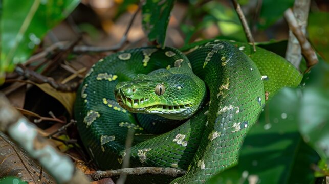 Sinuous green tree python camouflaged among leaves