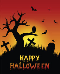Halloween Graveyard with Lonely Tree. Horror and national holiday concept illustration