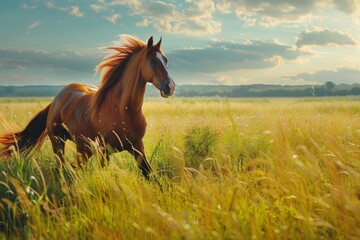 Obraz premium Experience the pure joy as a vibrant horse gallops through a picturesque meadow, exuding happiness with every stride.