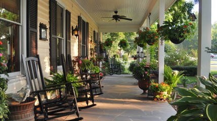 A charming front porch with rocking chairs, potted plants, and a welcoming ambiance.