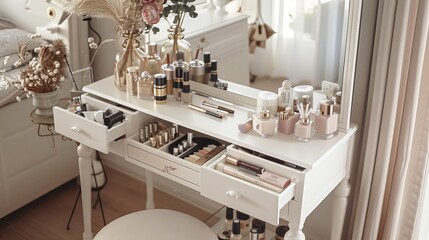 A chic vanity table with a large mirror, drawers filled with makeup and beauty products, ideal for getting ready in the morning.