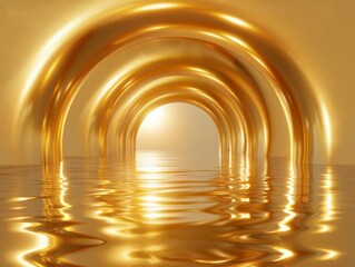 Create a realistic image of a long golden tunnel with a bright light at the end. The tunnel should...