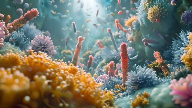 macro shot focusing on the complex interactions between various bacteria in the digestive system