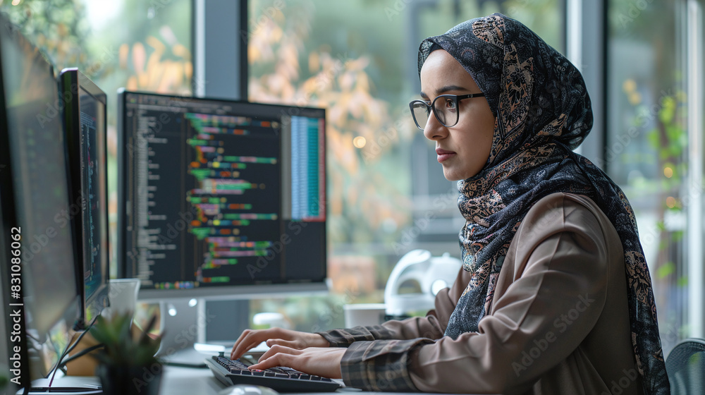 Poster female muslim programmer working on code in modern office with greenery outside window
