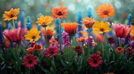 Spring Flower Garden: Picture a flower garden filled with bright colors during spring. Use light brush strokes and bright colors.