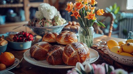 A cozy family breakfast on Easter morning, featuring hot cross buns, fresh fruit, and other seasonal treats. 