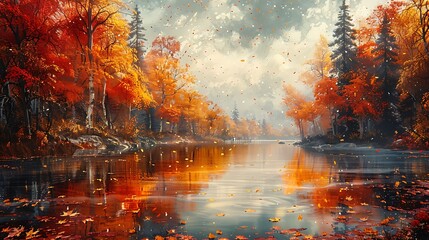 Autumn Lake: Paint a lake surrounded by autumn trees. Use oranges, reds, and yellows to create a warm atmosphere.