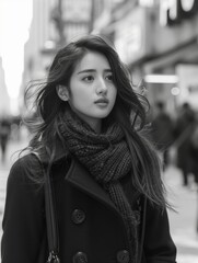 Obraz premium Woman in Coat and Scarf Walking Down Street