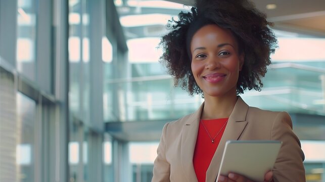 Young smart smiling professional business woman happy confident 30s female company worker sales manager holding digital tablet standing in modern office working looking at camera verti : Generative AI