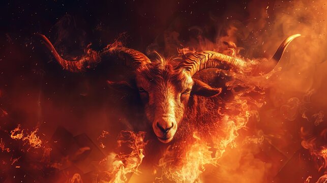 ominous portrait of demonic goat baphomet engulfed in hellish flames and smoke digital fantasy illustration