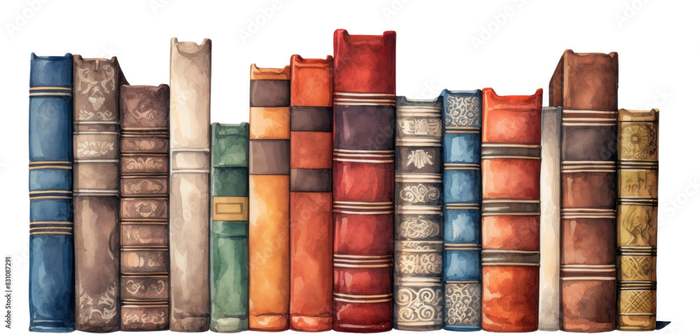 Wall mural png varying ages and designs of the spines of old books publication library white background.