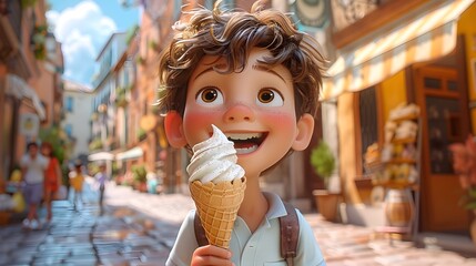 Creative Boy Running with Unique Ice Cream Cone Flavors in a Vibrant D