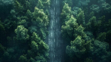 Aerial view of a green forest with a road from a top down perspective. The asphalt mountain highway running through it is visible from above looking straight down.