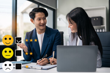 businessman team presenting or pointed inquiry with checkboxes, smiling face rating excellent for satisfaction survey.