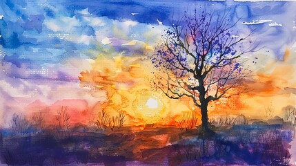 original watercolor painting of a stunning sunset landscape
