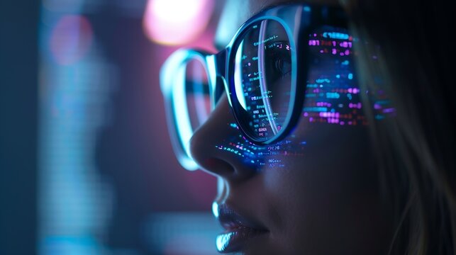 Software data hologram and woman with code analytics information technology and gdpr overlay Programmer coding or IT person in glasses reading html script programming and cyber securit : Generative AI