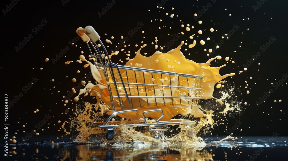 Poster A shopping cart is splashed with yellow paint, creating a chaotic and messy scene. Concept of disorder and disarray