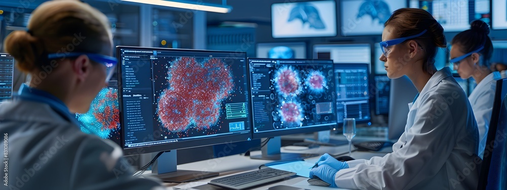 Poster biomedical researchers analyzing complex data on computerized screens in advanced laboratory setting