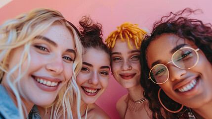 Fototapeta premium Diverse Group of Happy Friends Smiling Together Against Pink Wall Background