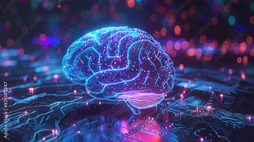 Poster glowing digital brain with neon colors on circuit board background representing artificial intellige