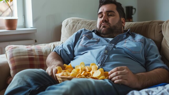 overweight man lounging on couch mindlessly eating chips sedentary unhealthy lifestyle concept