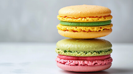 Stack of Yellow Green and Pink Macarons Against Soft White Background French Pastry Dessert