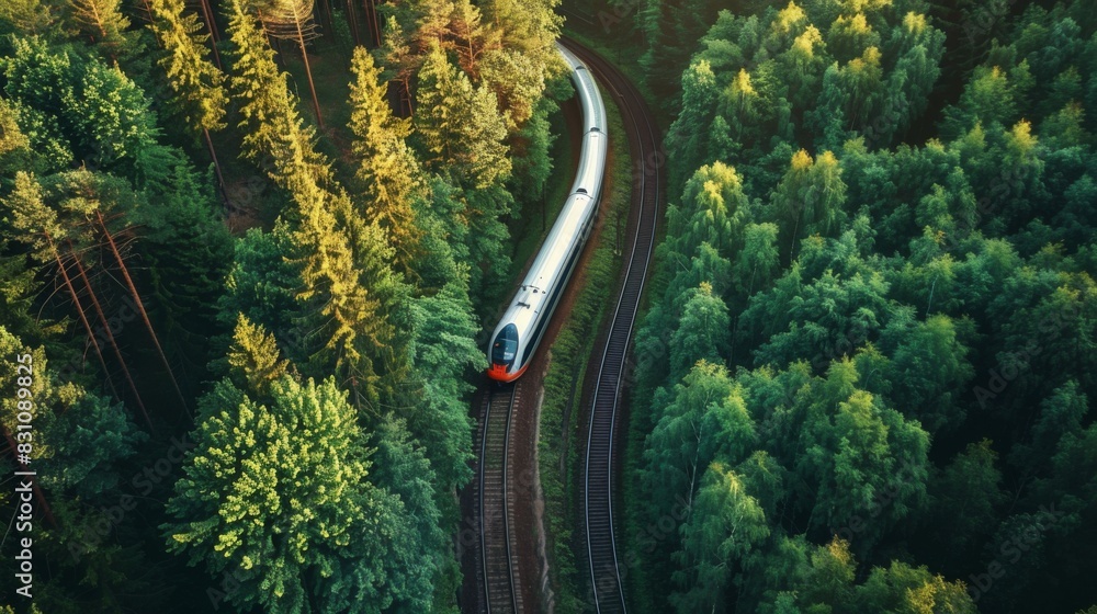 Poster aerial view of a high-speed train curving through a dense forest, highlighting the harmony between a