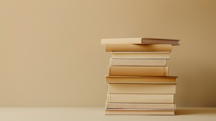 Stack of Beige Books Against Plain Tan Background Symbolizing Knowledge and Learning