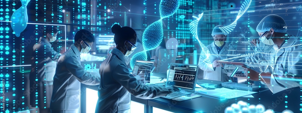 Poster bioinformatics researchers analyzing computational biological data in modern digital laboratory