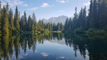 A serene lake reflected the towering pine trees in the background, their still waters creating a perfect mirror image and enhancing the natural beauty. 