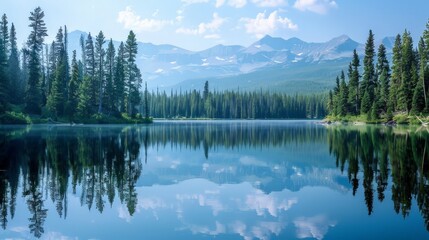 Obraz premium A serene lake reflected the towering pine trees in the background, their still waters creating a perfect mirror image and enhancing the natural beauty. 