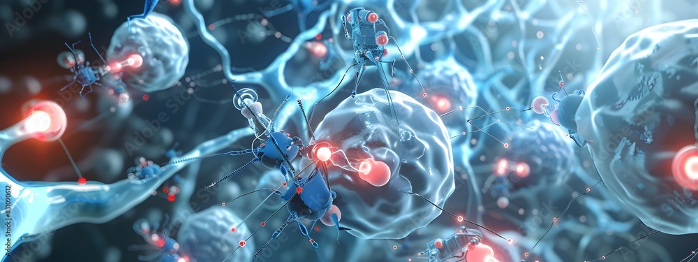 Poster of nanobots interacting within a cellular environment for advancements in nanotechnology and