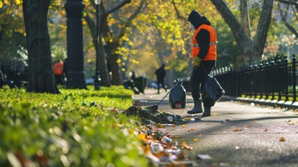 Waste management crew cleaning up litter in public parks