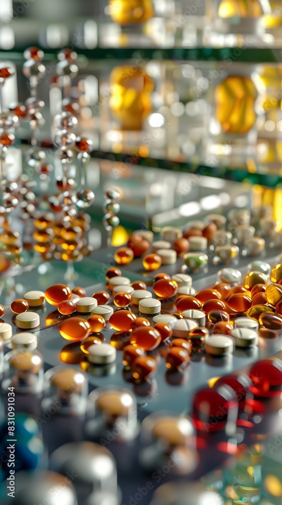 Poster pharmaceutical development a 3d rendered showcase of the process of creating new molecules