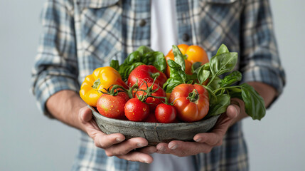 Man Holding Fresh Organic Vegetables Bowl Close-up Plaid Shirt Background Healthy Gardening