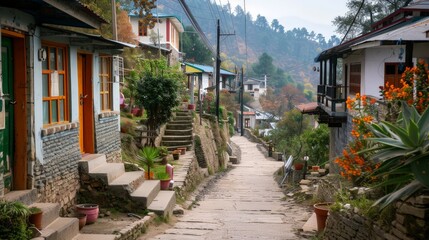 A steep, narrow road in a hilly village, with quaint houses perched on either side and winding steps leading up the slope. 