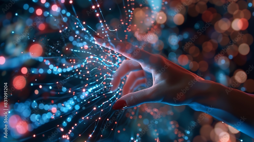 Aufkleber big data concept digital neural networkbusiness woman hand touching introduction of artificial intel