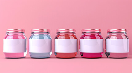 Five Glass Jars with Pink Red and Blue Colored Liquids on Pink Background with White Labels